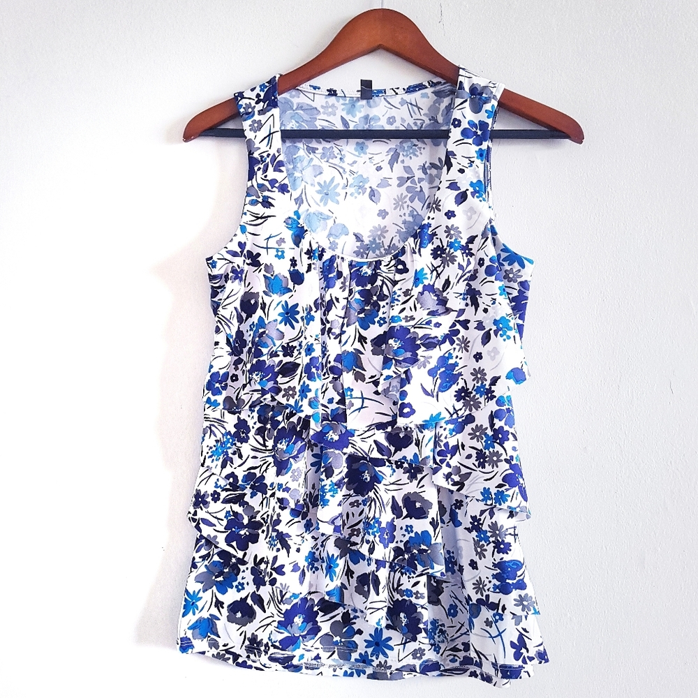 Mark's Blue and White Ruffled Tank Top Small
